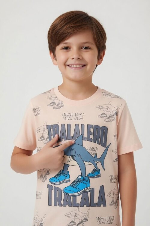 Füme KöpekBalığı Baskılı Bisiklet Yaka Erkek Çocuk Şortlu Takım 23840