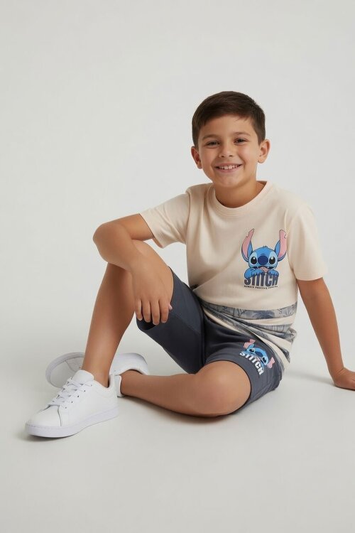 Füme Palmiye Desenli Çizgili Tişörtlü Erkek Çocuk Şortlu 2li Takım 23933