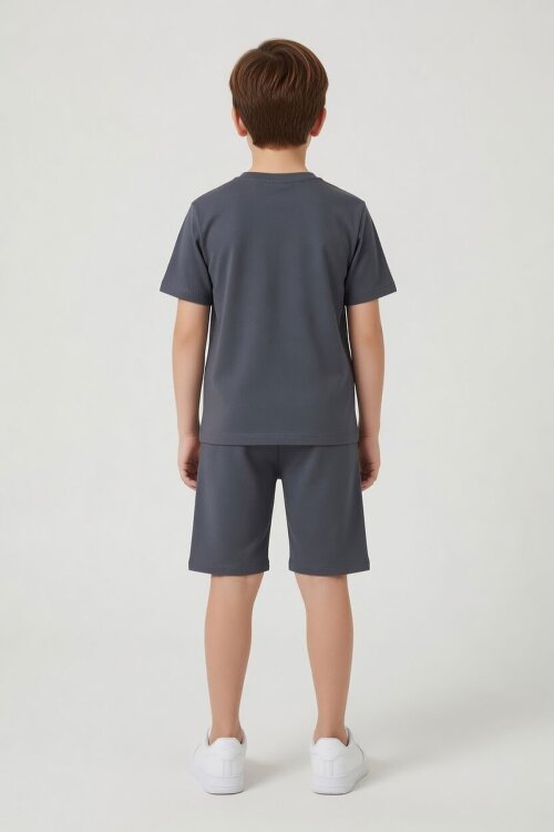 Füme Uçak Baskılı Yazılı Tişörtlü Erkek Çocuk Şortlu 2li Takım 23923