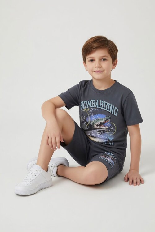 Füme Uçak Baskılı Yazılı Tişörtlü Erkek Çocuk Şortlu 2li Takım 23923