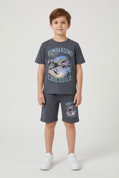 Füme Uçak Baskılı Yazılı Tişörtlü Erkek Çocuk Şortlu 2li Takım 23923