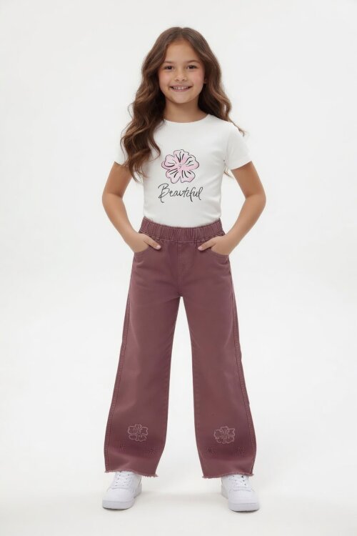 Fuşya Çiçek Nakışlı Ceketli Geniş Paça Pantolonlu Kız Çocuk 3lü Takım 24119
