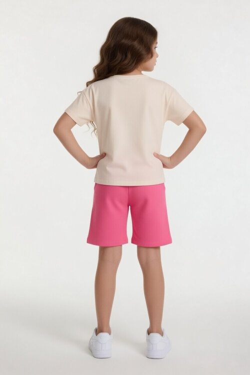 Fuşya Çizgi Desenli Karakter Baskılı Kız Çocuk Tişörtlü Şortlu Takım 23895