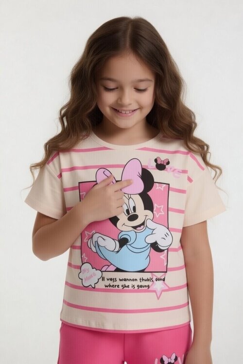 Fuşya Çizgi Desenli Karakter Baskılı Kız Çocuk Tişörtlü Şortlu Takım 23895