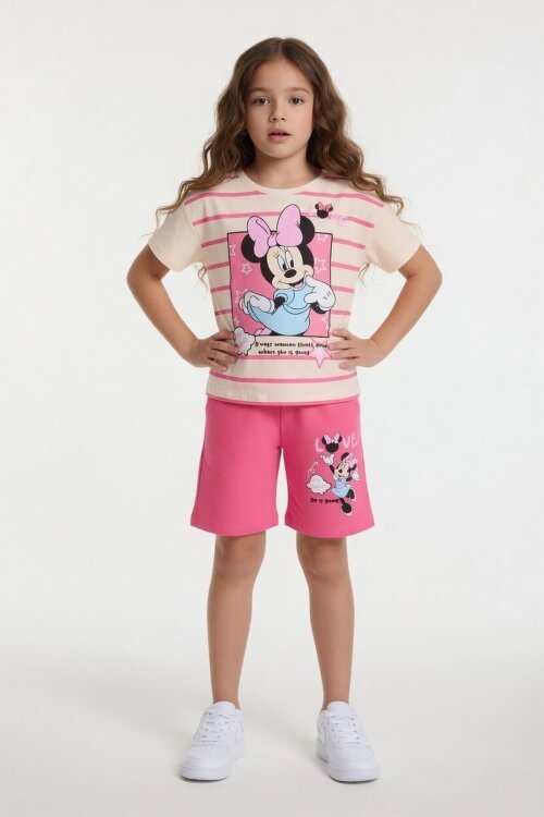 Fuşya Çizgi Desenli Karakter Baskılı Kız Çocuk Tişörtlü Şortlu Takım 23895