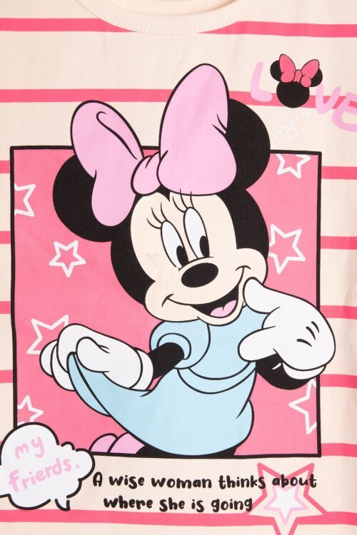 Fuşya Çizgi Desenli Karakter Baskılı Kız Çocuk Tişörtlü Şortlu Takım 23895