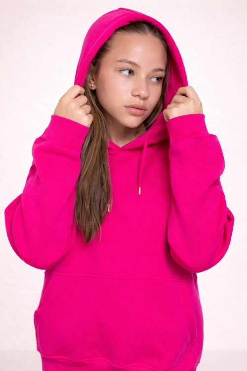 Fuşya Kanguru Cepli Basic Şardonlu Kız Çocuk Kapüşonlu Sweatshirt 21206