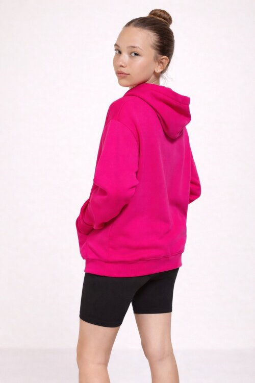 Fuşya Kanguru Cepli Basic Şardonlu Kız Çocuk Kapüşonlu Sweatshirt 21206