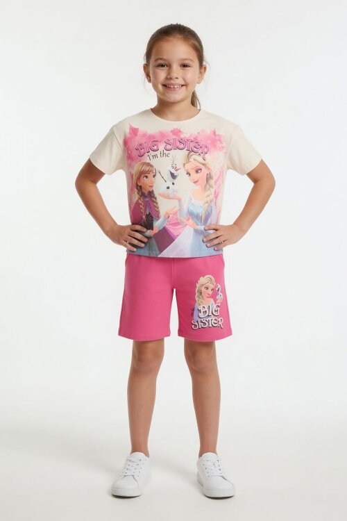Fuşya Karlar Kraliçesi Baskılı Kız Çocuk Tişörtlü Şortlu Takım  23953