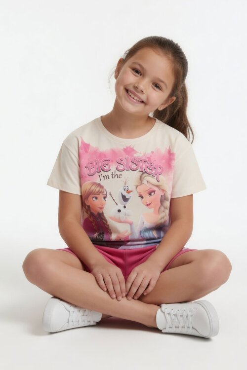 Fuşya Karlar Kraliçesi Baskılı Kız Çocuk Tişörtlü Şortlu Takım  23953