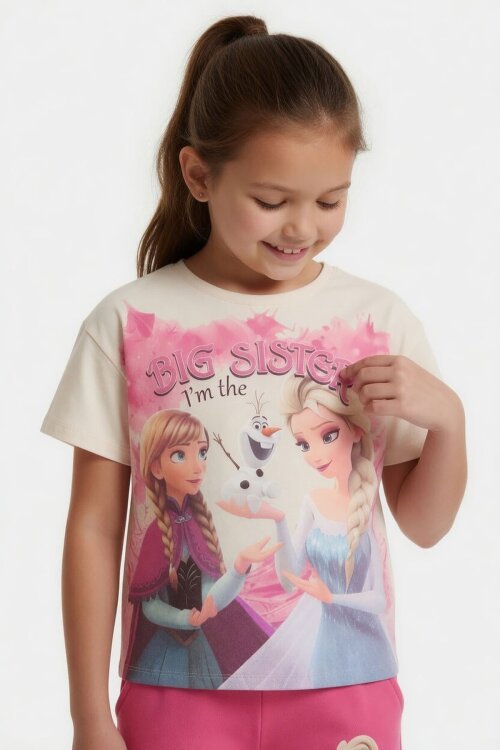 Fuşya Karlar Kraliçesi Baskılı Kız Çocuk Tişörtlü Şortlu Takım  23953