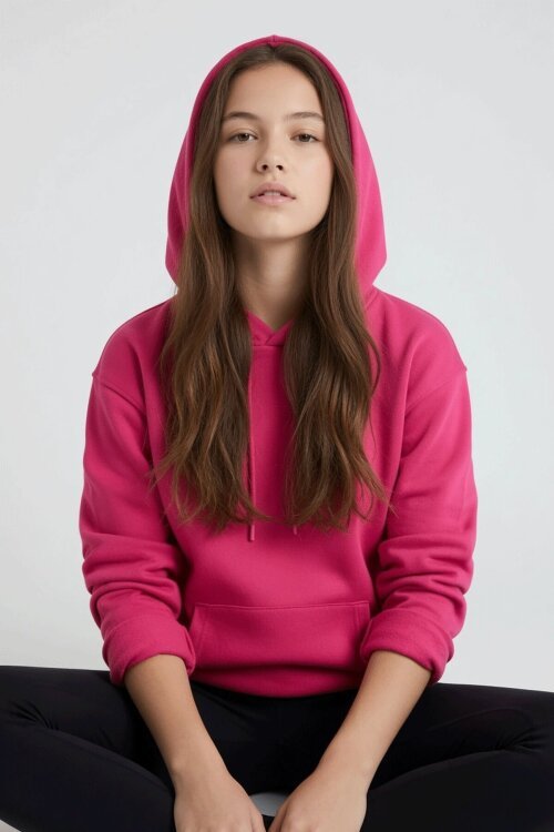 Fuşya Kız Çocuk Kanguru Cepli Şardonlu Kapüşonlu Sweatshirt 24691