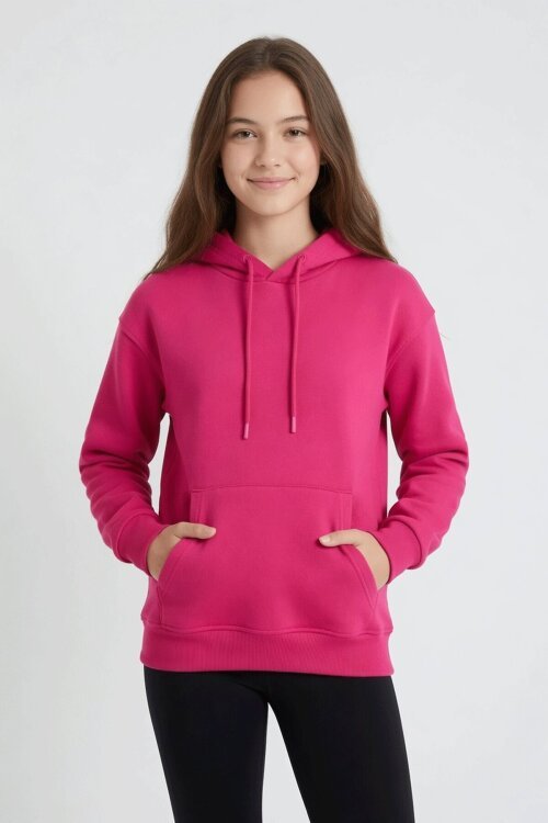 Fuşya Kız Çocuk Kanguru Cepli Şardonlu Kapüşonlu Sweatshirt 24691