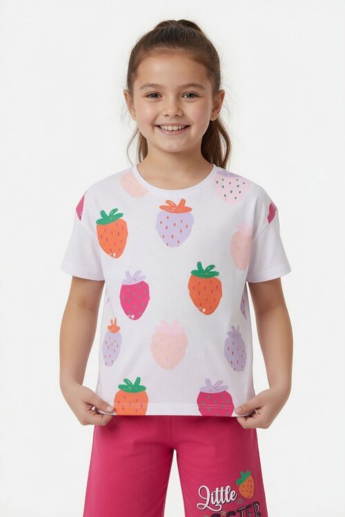 Fuşya Meyve Desenli Tişörtlü Kız Çocuk Şortlu Yazlık Takım 23850