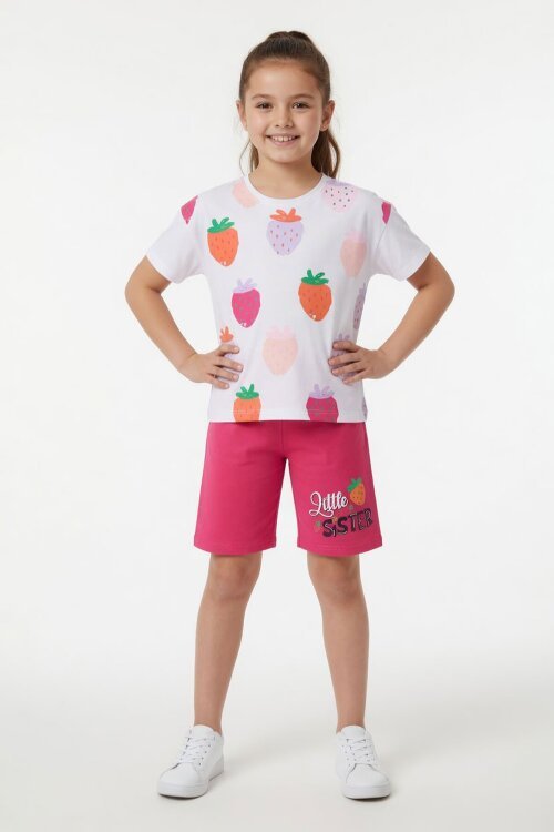 Fuşya Meyve Desenli Tişörtlü Kız Çocuk Şortlu Yazlık Takım 23850