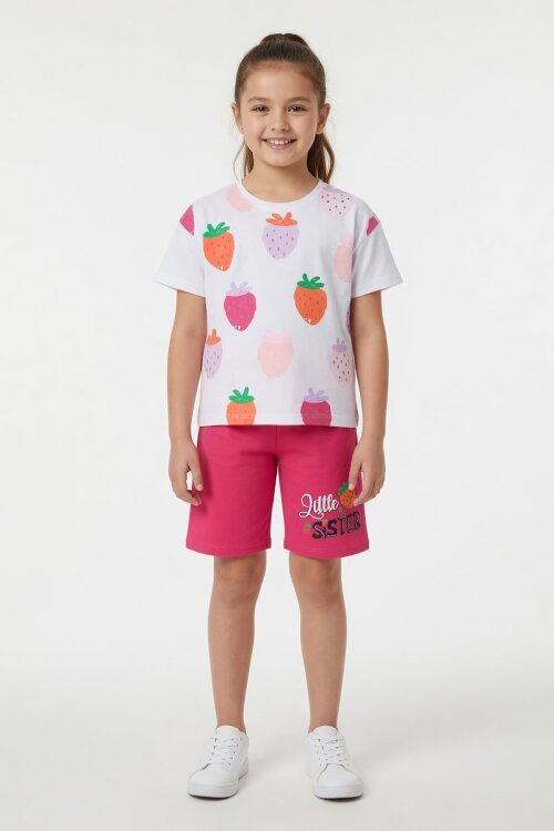 Fuşya Meyve Desenli Tişörtlü Kız Çocuk Şortlu Yazlık Takım 23850