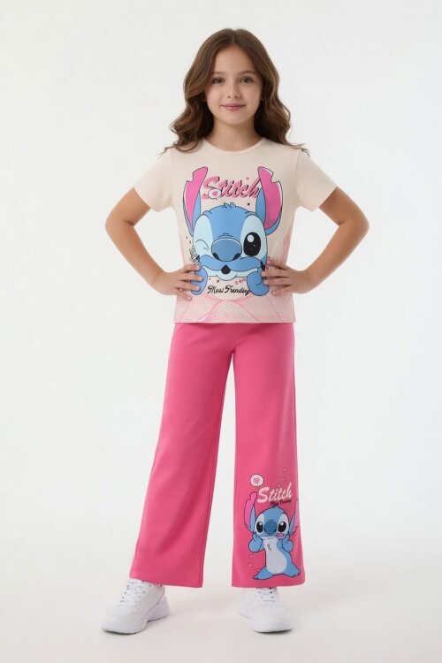 Fuşya Sevimli Çizgi Karakter Baskılı Tişörtlü Kız Çocuk Geniş Paça  Takım 23860