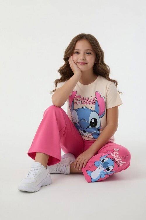 Fuşya Sevimli Çizgi Karakter Baskılı Tişörtlü Kız Çocuk Geniş Paça  Takım 23860