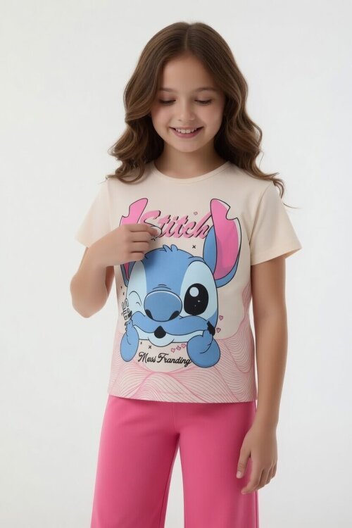 Fuşya Sevimli Çizgi Karakter Baskılı Tişörtlü Kız Çocuk Geniş Paça  Takım 23860