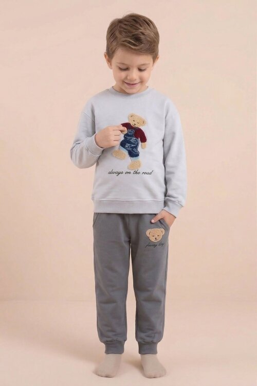 Gri Ayıcık Nakışlı Erkek Çocuk Eşofman Takımı 2li  23395