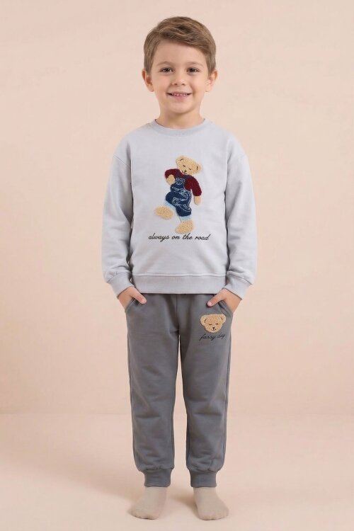 Gri Ayıcık Nakışlı Erkek Çocuk Eşofman Takımı 2li  23395