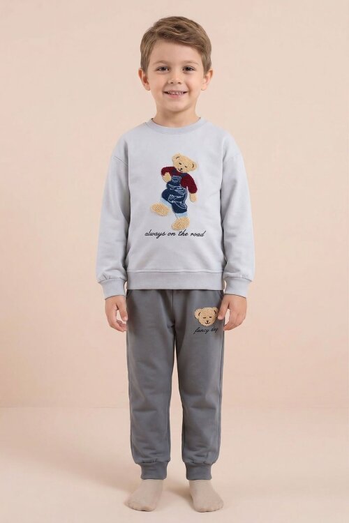 Gri Ayıcık Nakışlı Erkek Çocuk Eşofman Takımı 2li  23395