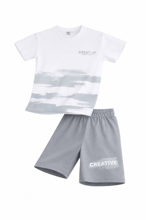 Gri Creative Yazılı Desenli Tişörtlü Erkek Çocuk Şortlu Takım 23792
