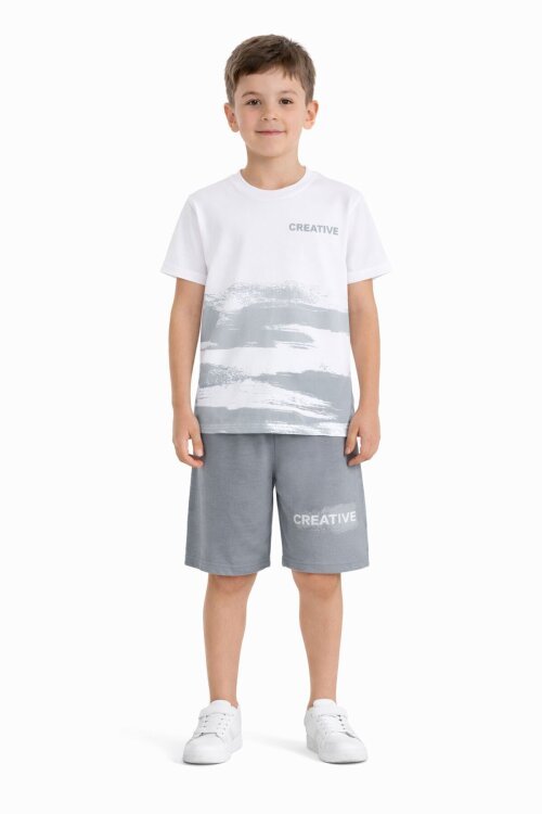 Gri Creative Yazılı Desenli Tişörtlü Erkek Çocuk Şortlu Takım 23792