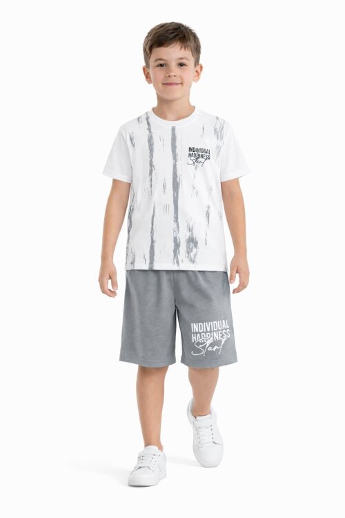 Gri Desenli Tişörtlü Erkek Çocuk Yazı Baskılı Şortlu Takım 23787