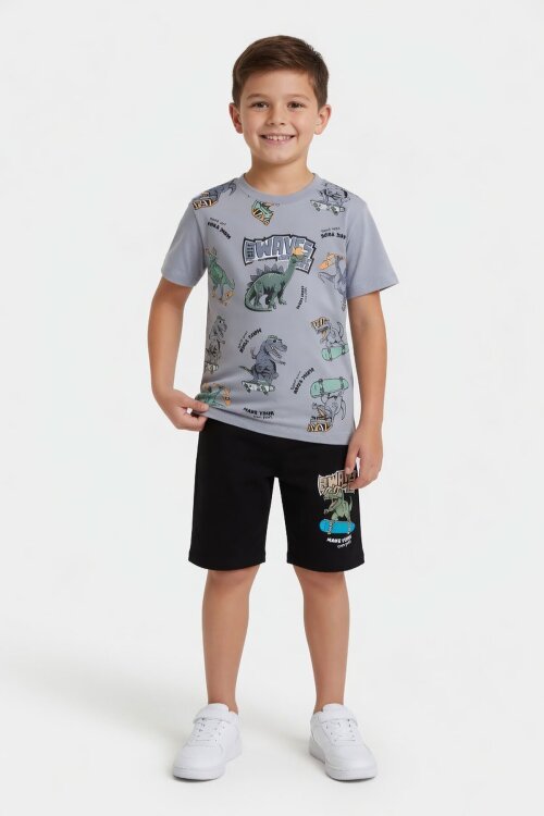 Gri Dinozor Desenli Bisiklet Yaka Erkek Çocuk 2li Şortlu Takım 23925