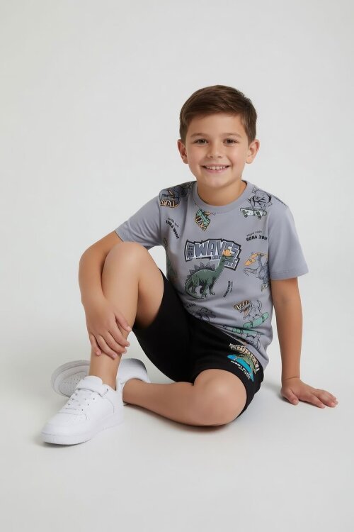 Gri Dinozor Desenli Bisiklet Yaka Erkek Çocuk 2li Şortlu Takım 23925
