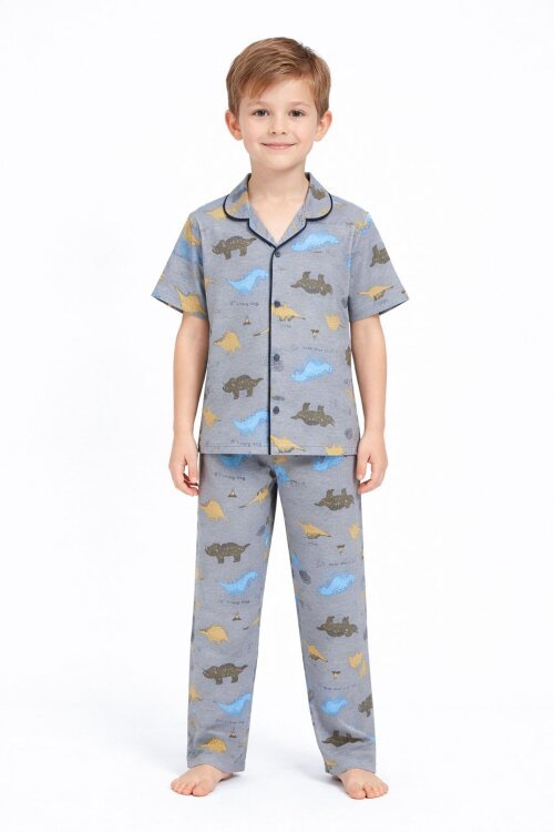 Gri Dinozor Desenli Düğmeli Erkek Çocuk Kısa Kol Pijama Takımı 23822