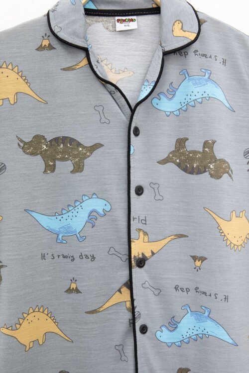 Gri Dinozor Desenli Düğmeli Erkek Çocuk Kısa Kol Pijama Takımı 23822