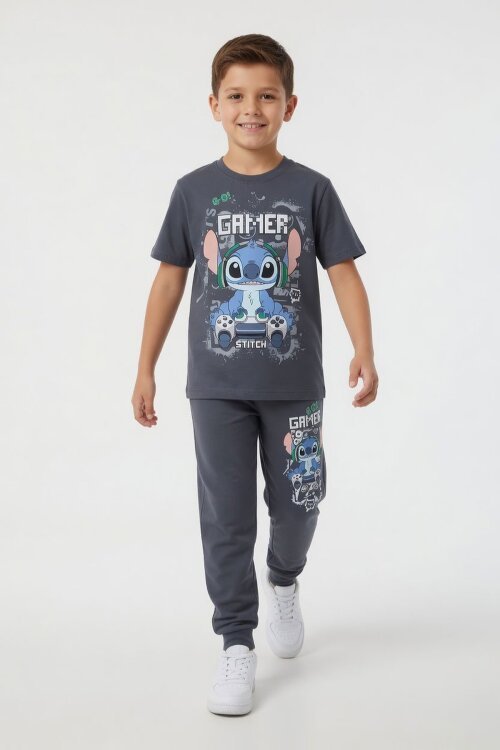 Gri Gamer Karakter Baskılı Tişörtlü Erkek Çocuk Eşofman Takımı  23876