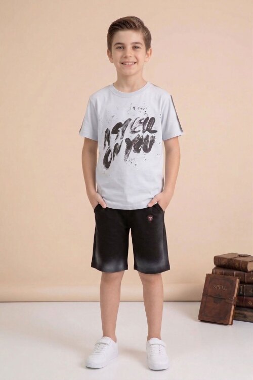 Gri Grafiti Baskılı Tişörtlü Şortlu Erkek Çocuk 2li Takım  23774