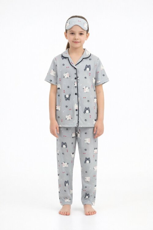 Gri Kedi Desenli Düğmeli Kısa Kol Kız Çocuk Göz Bantlı Pijama Takımı  23818