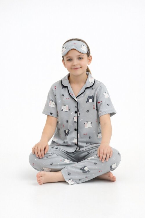 Gri Kedi Desenli Düğmeli Kısa Kol Kız Çocuk Göz Bantlı Pijama Takımı  23818