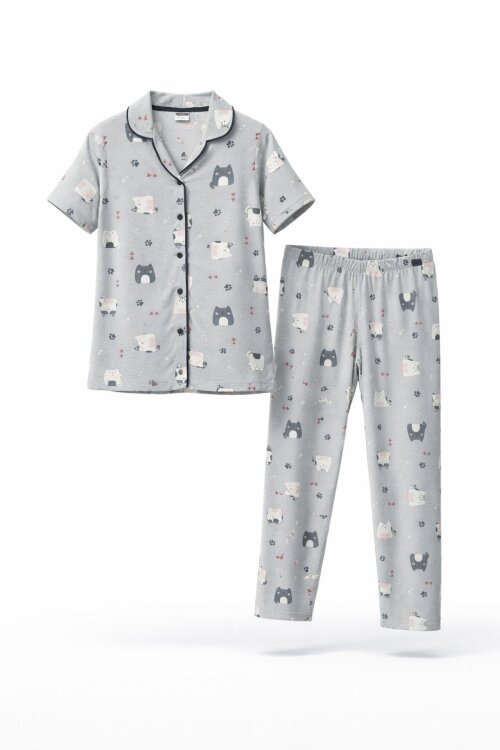 Gri Kedi Desenli Düğmeli Kısa Kol Kız Çocuk Göz Bantlı Pijama Takımı  23818