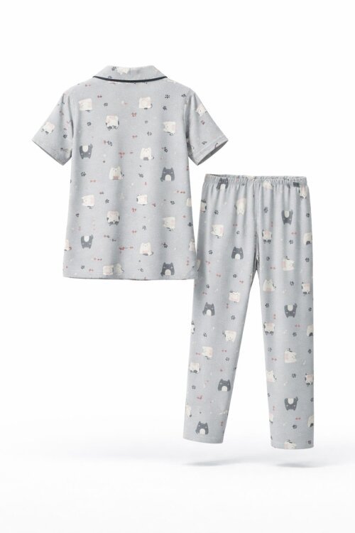 Gri Kedi Desenli Düğmeli Kısa Kol Kız Çocuk Göz Bantlı Pijama Takımı  23818