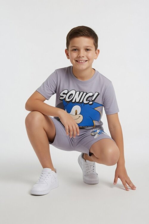 Gri Kirpi Sonic Baskılı Erkek Çocuk Tişörtlü Şortlu 2li Takım 23976