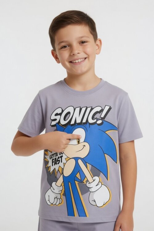 Gri Kirpi Sonic Baskılı Erkek Çocuk Tişörtlü Şortlu 2li Takım 23976
