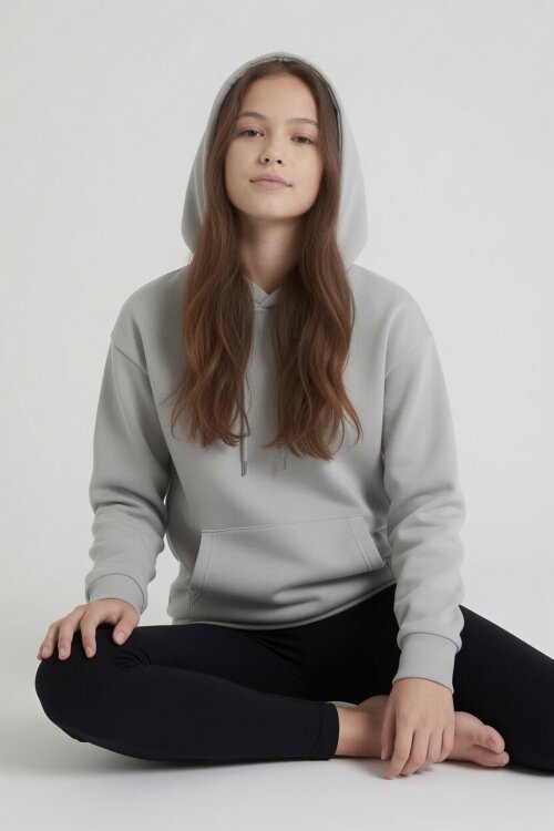 Gri Kız Çocuk Kanguru Cepli Şardonlu Kapüşonlu Sweatshirt 24692