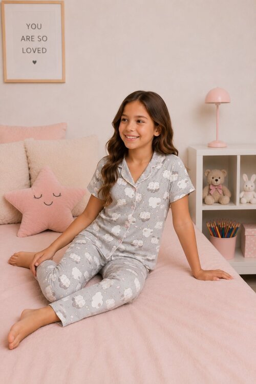 Gri Kuzu Desenli Kısa Kollu Kız Çocuk Göz Bantlı Pijama Takımı 20594