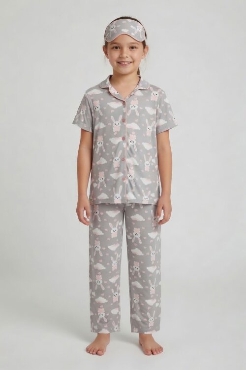 Gri Tavşan Desenli Kısa Kol Kız Çocuk Göz Bantlı Pijama Takımı 24012