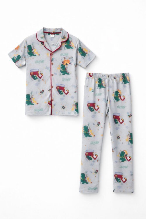 Gri Trex Desenli Düğmeli Erkek Çocuk Kısa Kol Pijama Takımı 23824
