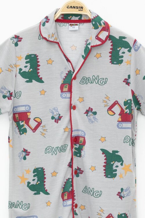 Gri Trex Desenli Düğmeli Erkek Çocuk Kısa Kol Pijama Takımı 23824