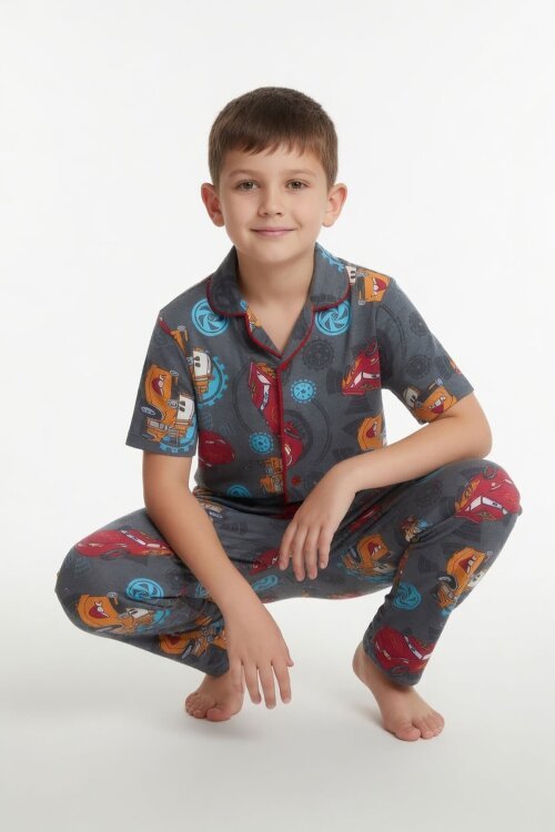 Gri Yarış Arabası Desenli Erkek Çocuk Pijama Takımı 24009
