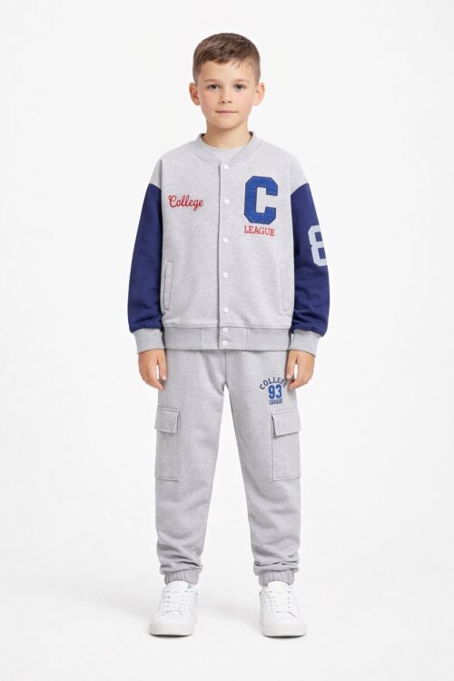 Gri Yazı Nakışlı Kolej Ceketli Erkek Çocuk Eşofman Takımı 21223