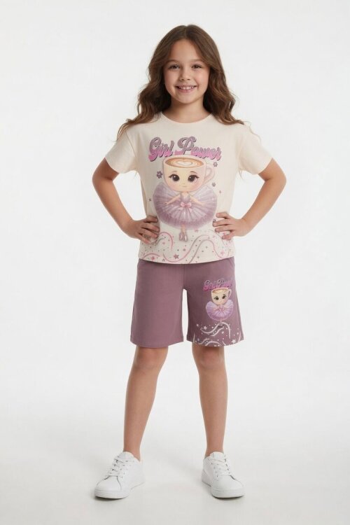 Gül Kurusu Balerin Desenli Tişörtlü Kız Çocuk Şortlu 2li Takım 23880