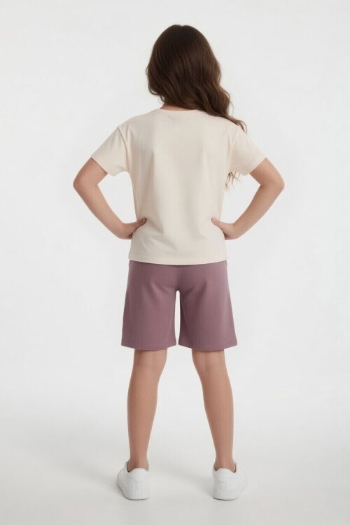 Gül Kurusu Balerin Desenli Tişörtlü Kız Çocuk Şortlu 2li Takım 23880